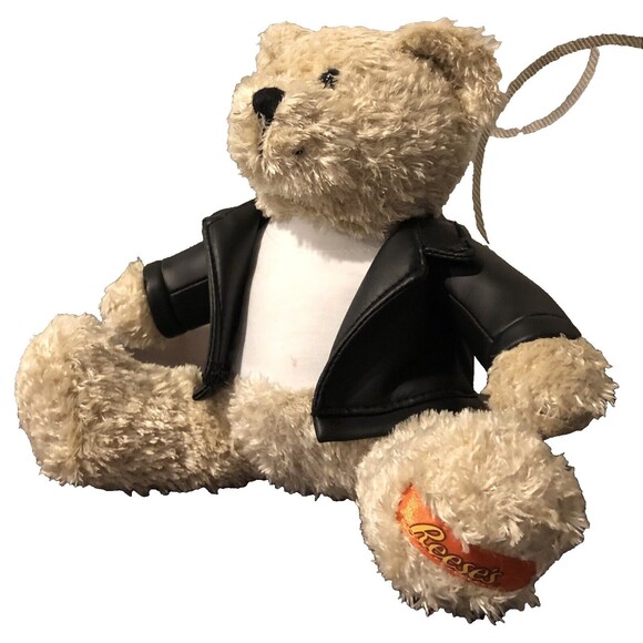 Galerie Reese's Hershey's Teddy Bear 8" Plush Faux Black Leather Biker Jacket - Picture 3 of 11